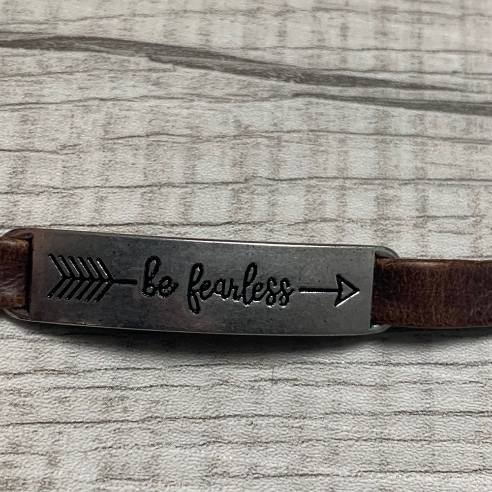 Be Fearless Arrow Brown Leather Adjustable Bracelet Silver Tone Bar